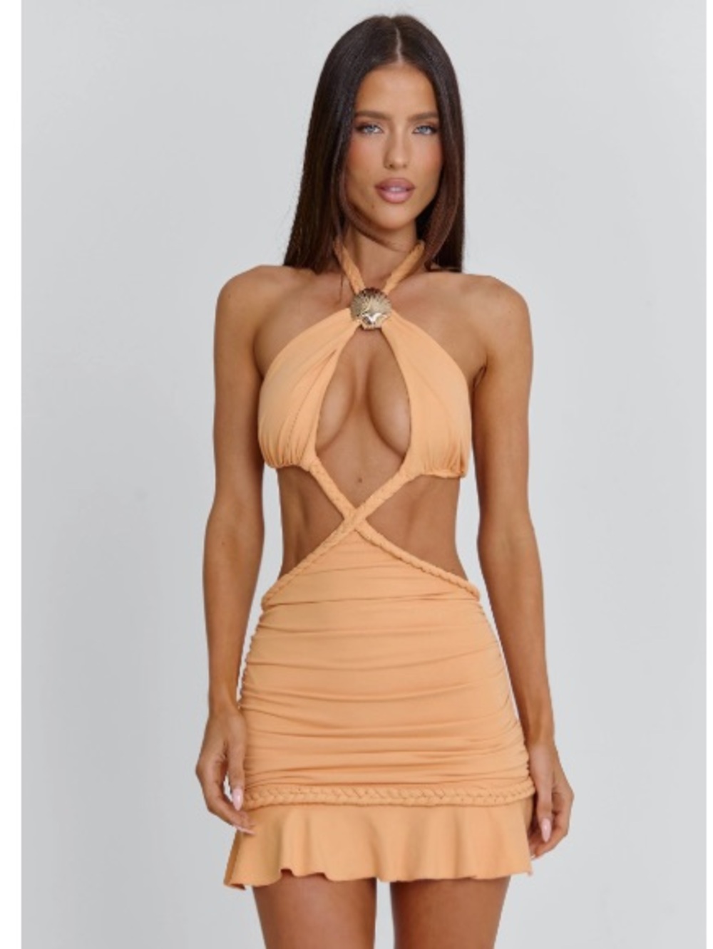 Peach Halter Cutout Mini Dress with Braided Accents